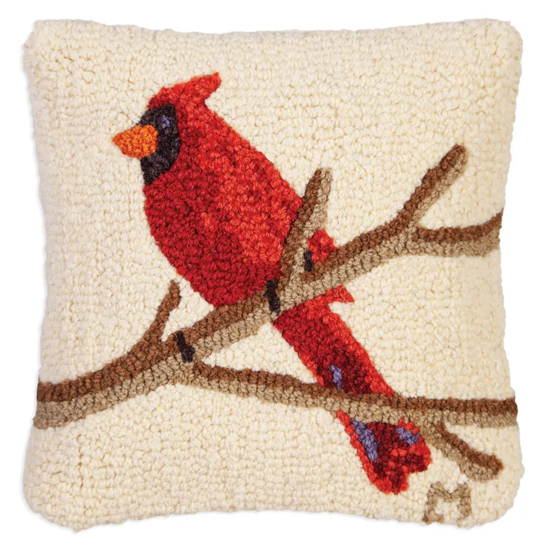 Cardinal Tree Branch 14 x 14 Hand-Hooked Wool Pillow - Chandler 4 Corners