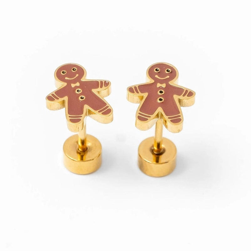 Gingerbread Man Gold Stud Earrings - Pip Pop Post
