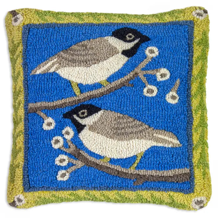 Pair of Chickadees 18 x 18 Hand-Hooked Wool Pillow - Chandler 4 Corners