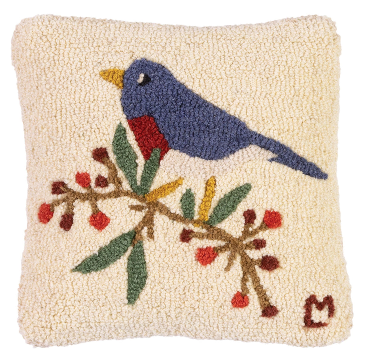 Bluebird and Berries 14 x 14 Hand-Hooked Wool Pillow - Chandler 4 Corners