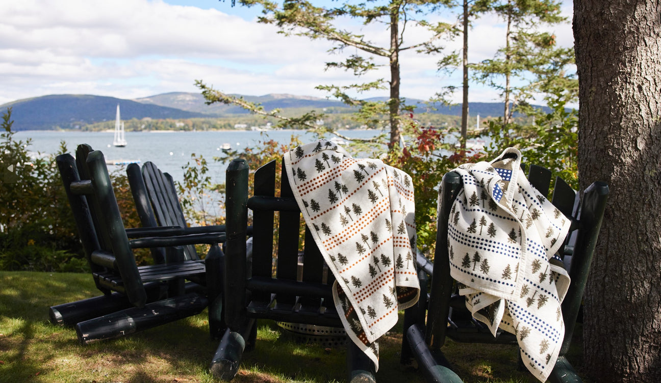 The Woods Maine Three Pines Heirloom blanket by ChappyWrap . Photo location is The Claremont Inn in Southweat Harbor 