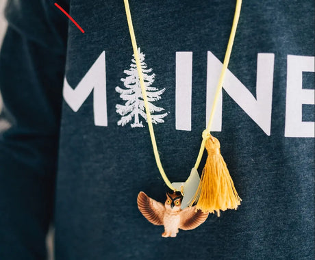 The Woods Maine My Maine Long Sleeve Maine Toddler T Shirt with a Gunner and Lux Glow in the dark Owl Necklace