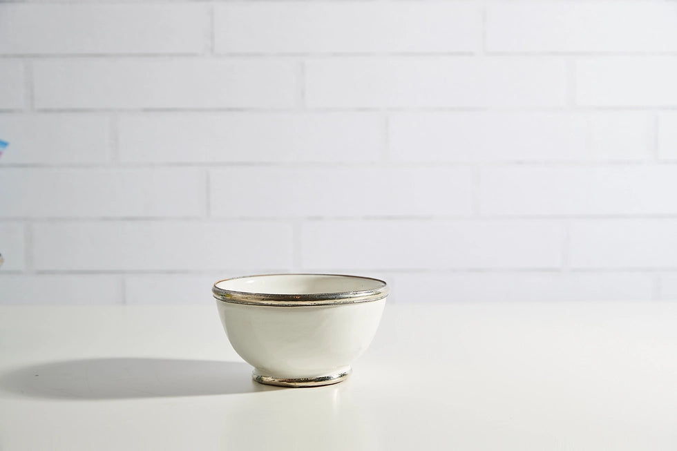 White Glazed Moroccan Bowl with Berber Silver Trim - Verve Culture
