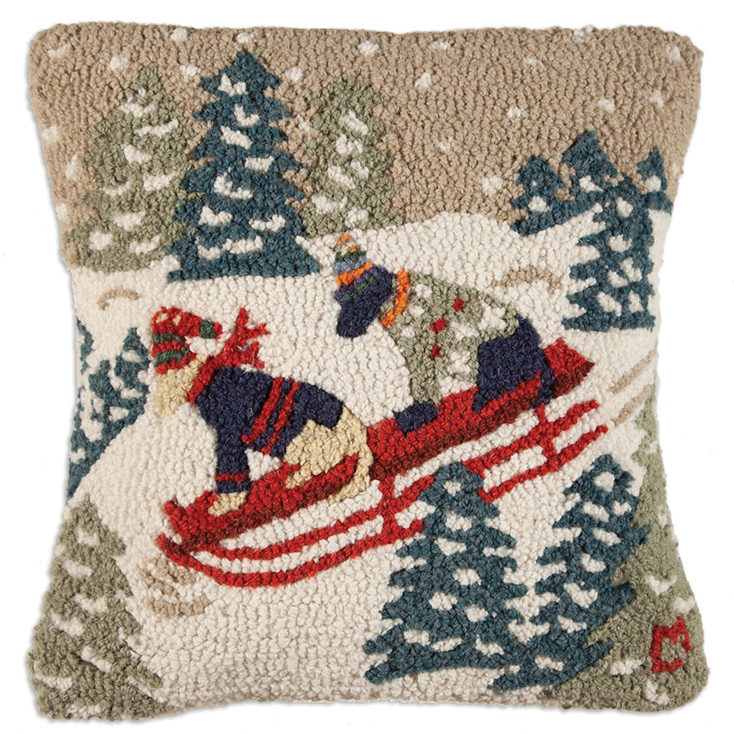 Two Dogs Sledding 18 x 18 Hand-Hooked Wool Pillow - Chandler 4 Corners