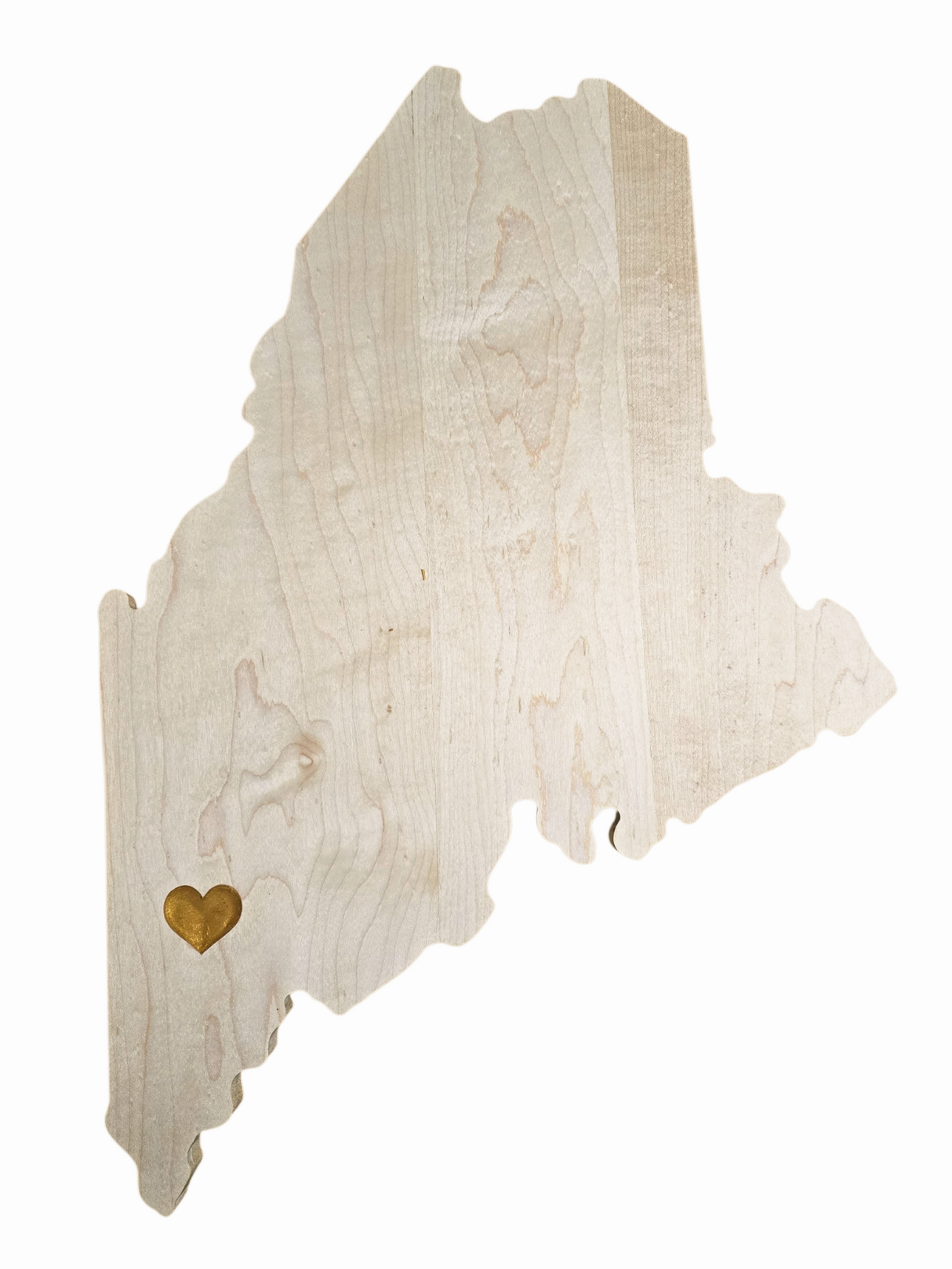 Maine shaped maple serving board with gold heart Norway Maine