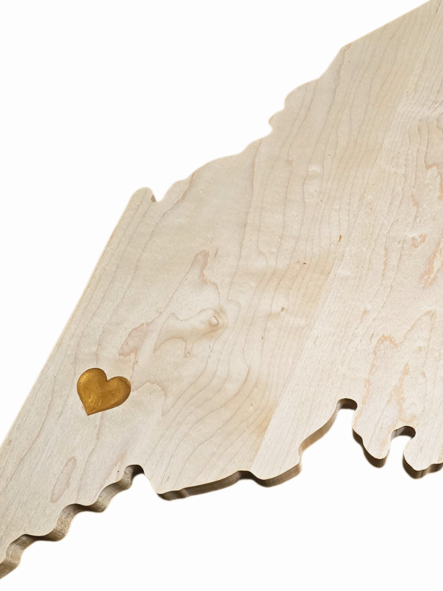 Maine shaped maple serving board with gold heart near Norway Maine 