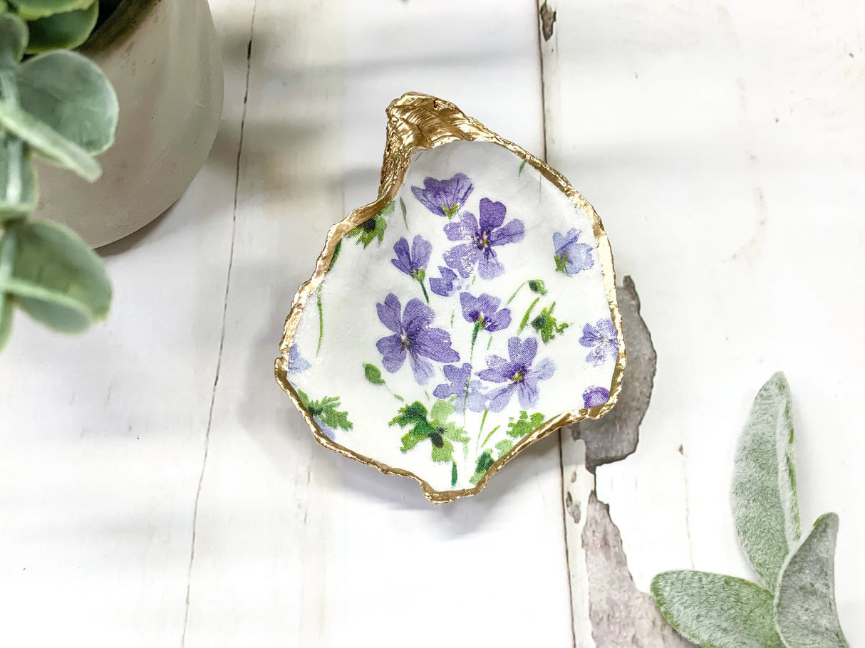 Purple Violets Oyster Trinket Dish - Alison Brooke Designs | Handmade in Maine