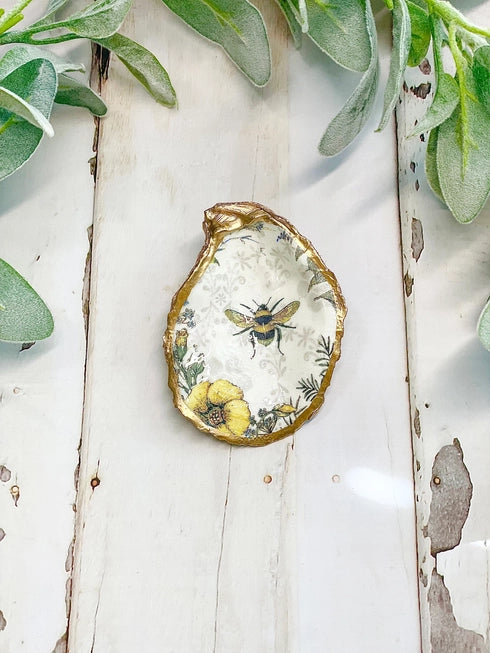 Bee and Wildflowers Oyster Trinket Dish - Alison Brooke Designs | Handmade in Maine