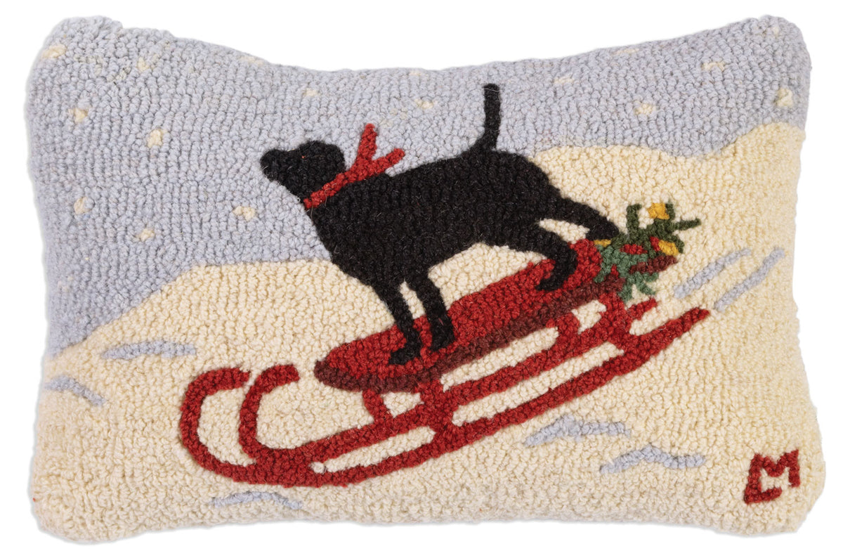 Sledding Winter Lab 12x18 Hand-Hooked Wool Pillow - Chandler 4 Corners