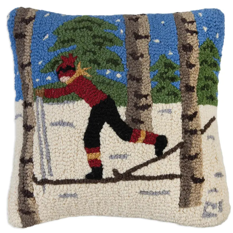 XC Skier in the Woods 18 x 18 Hand-Hooked Wool Pillow - Chandler 4 Corners