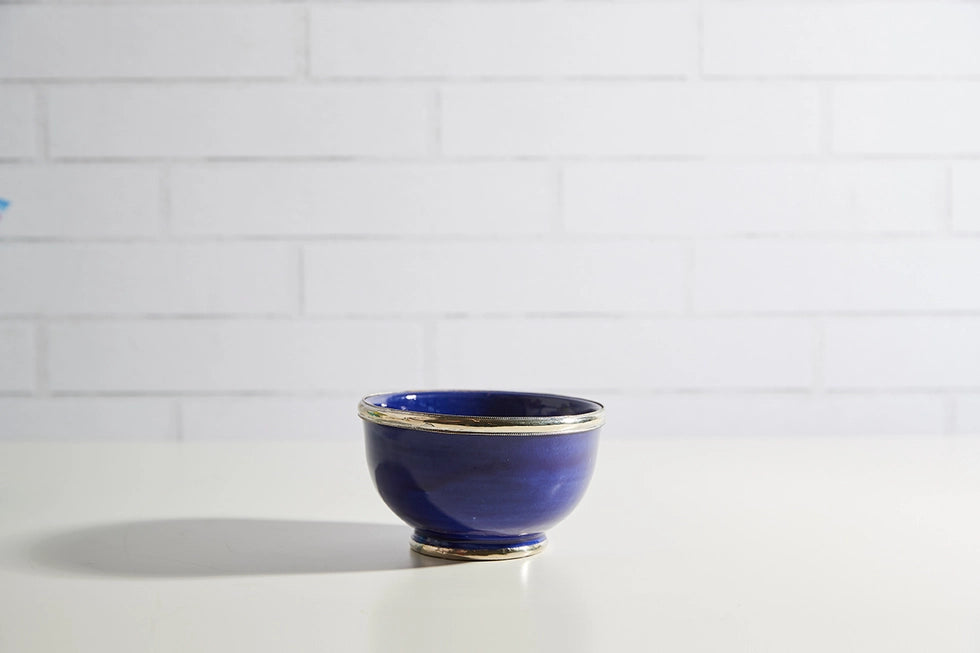 Blue Glazed Moroccan Bowl with Berber Silver Trim - Verve Culture