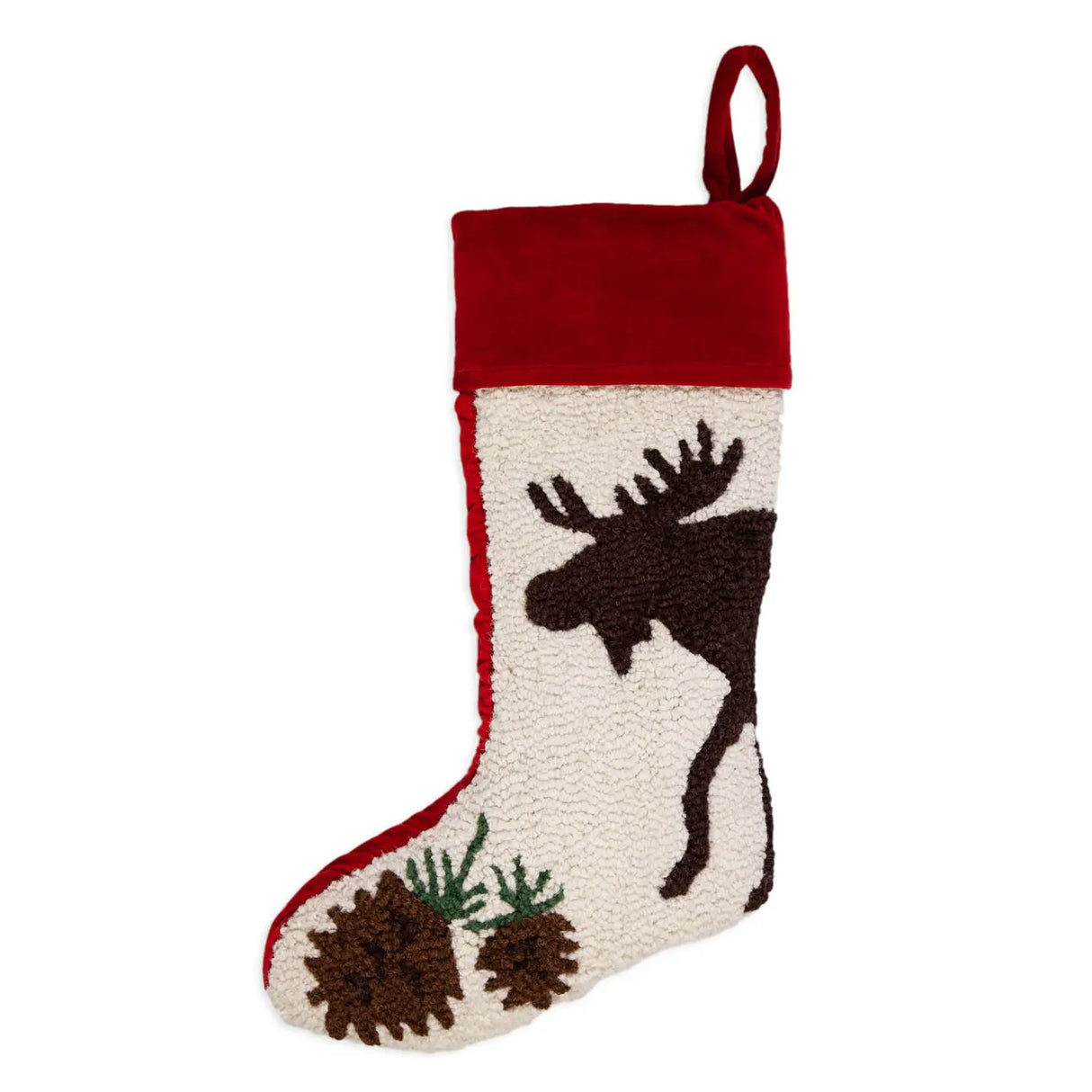 Maine Moose and Pine Cones Hand-Hooked Wool Stocking - Chandler 4 Corners