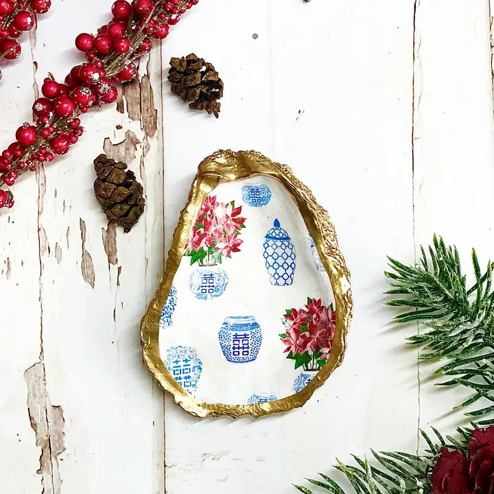 Poinsettia Ginger Jar Oyster Trinket Dish - Alison Brooke Designs | Handmade in Maine