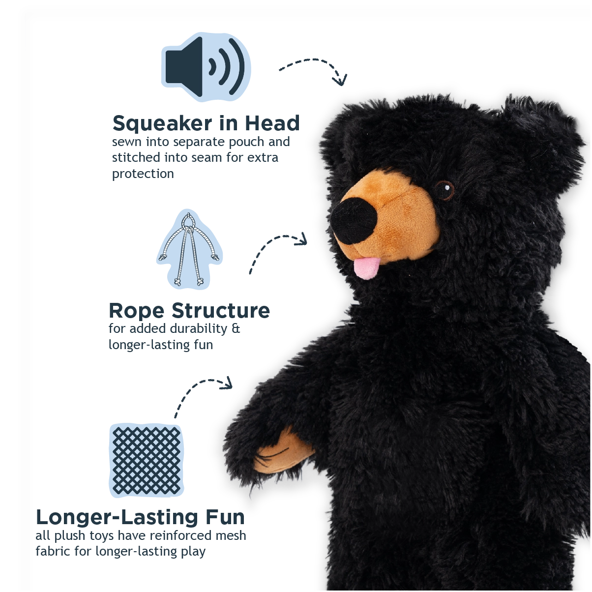 Stuffless Black Bear Squeaker Dog Toy - Tall Tails