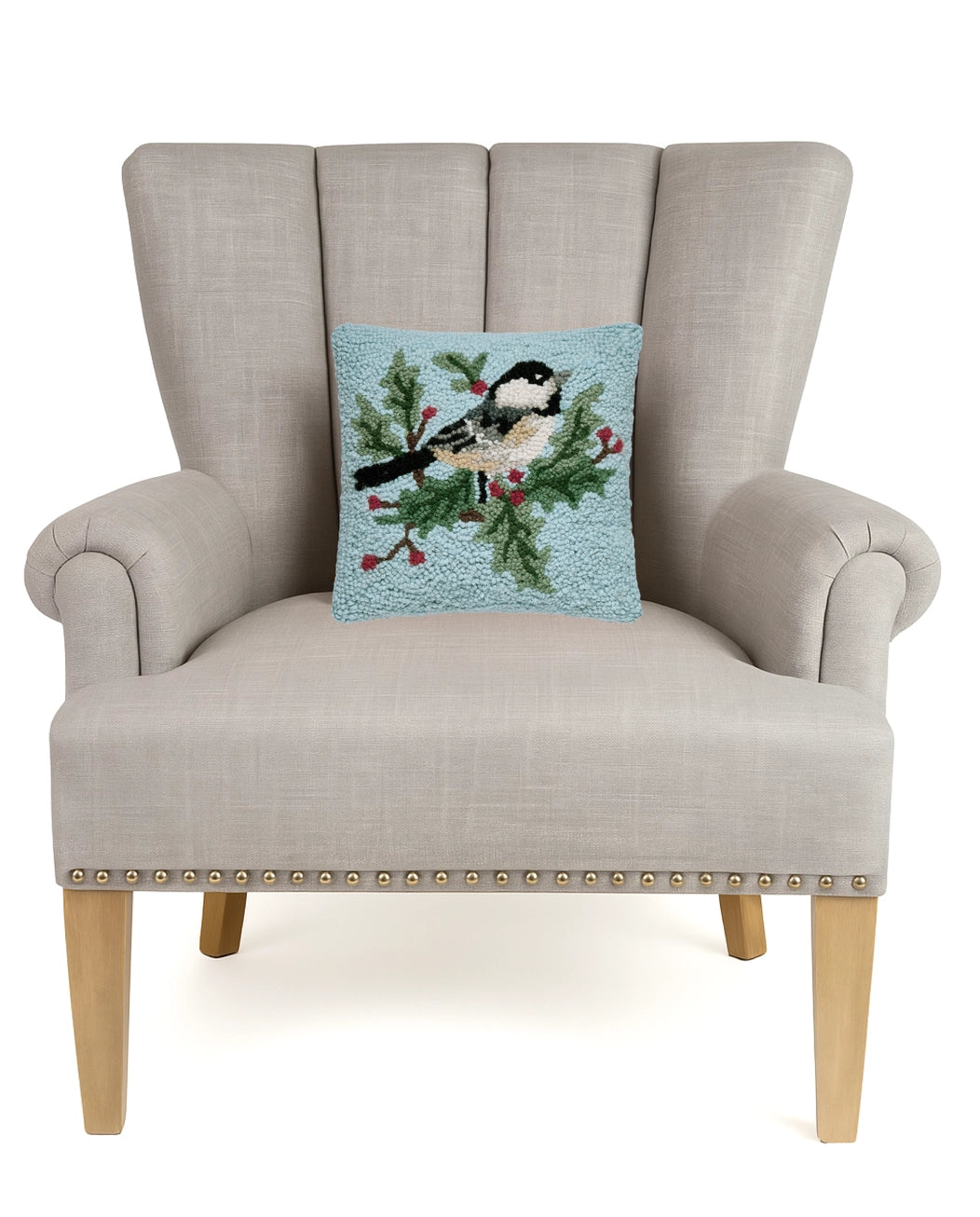 Chickadee and Holly Hook Pillow - Peking Handicraft