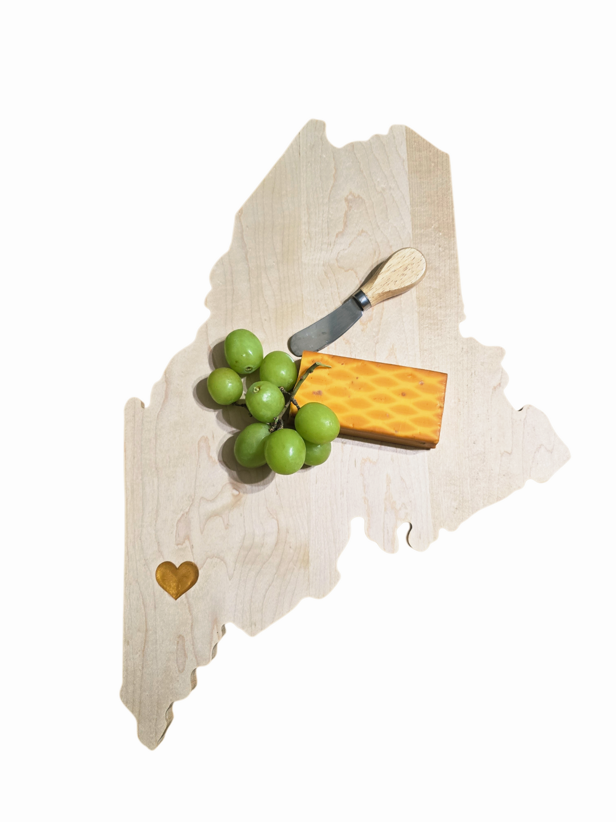 Maine shaped maple serving board with gold heart Norway Maine
