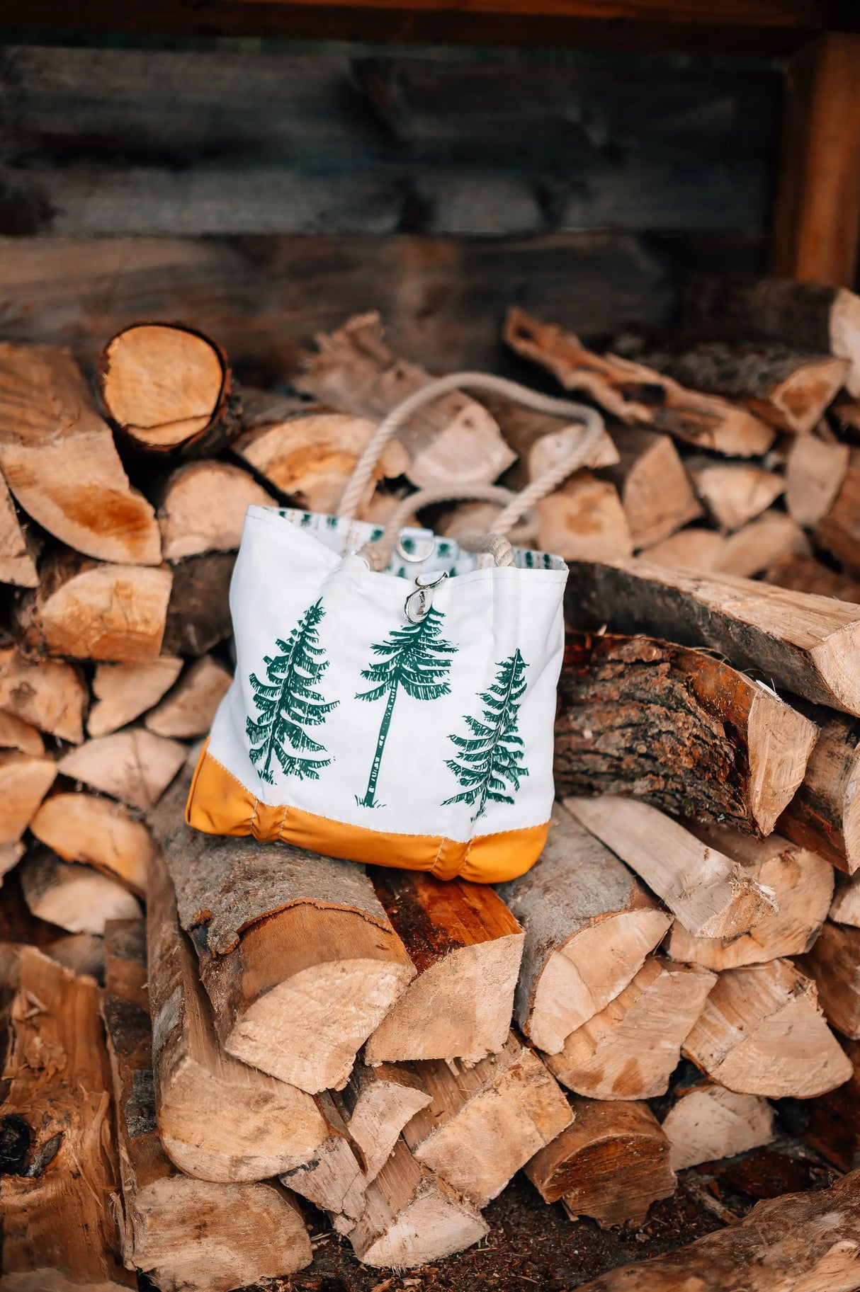 The Woods Maine:  Three Pines®  Forest Lined Handbag with Clasp by Sea Bags® - The Woods Maine