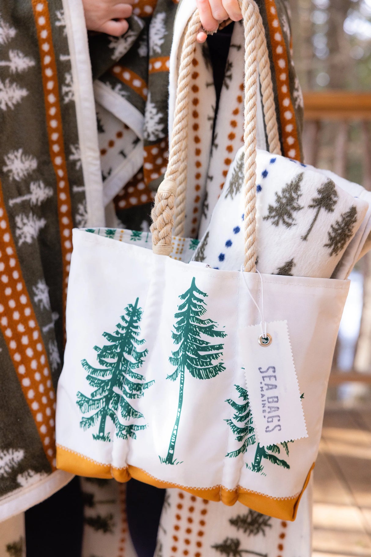 The Woods Maine:  Three Pines®  Forest Lined Handbag with Clasp by Sea Bags® - The Woods Maine