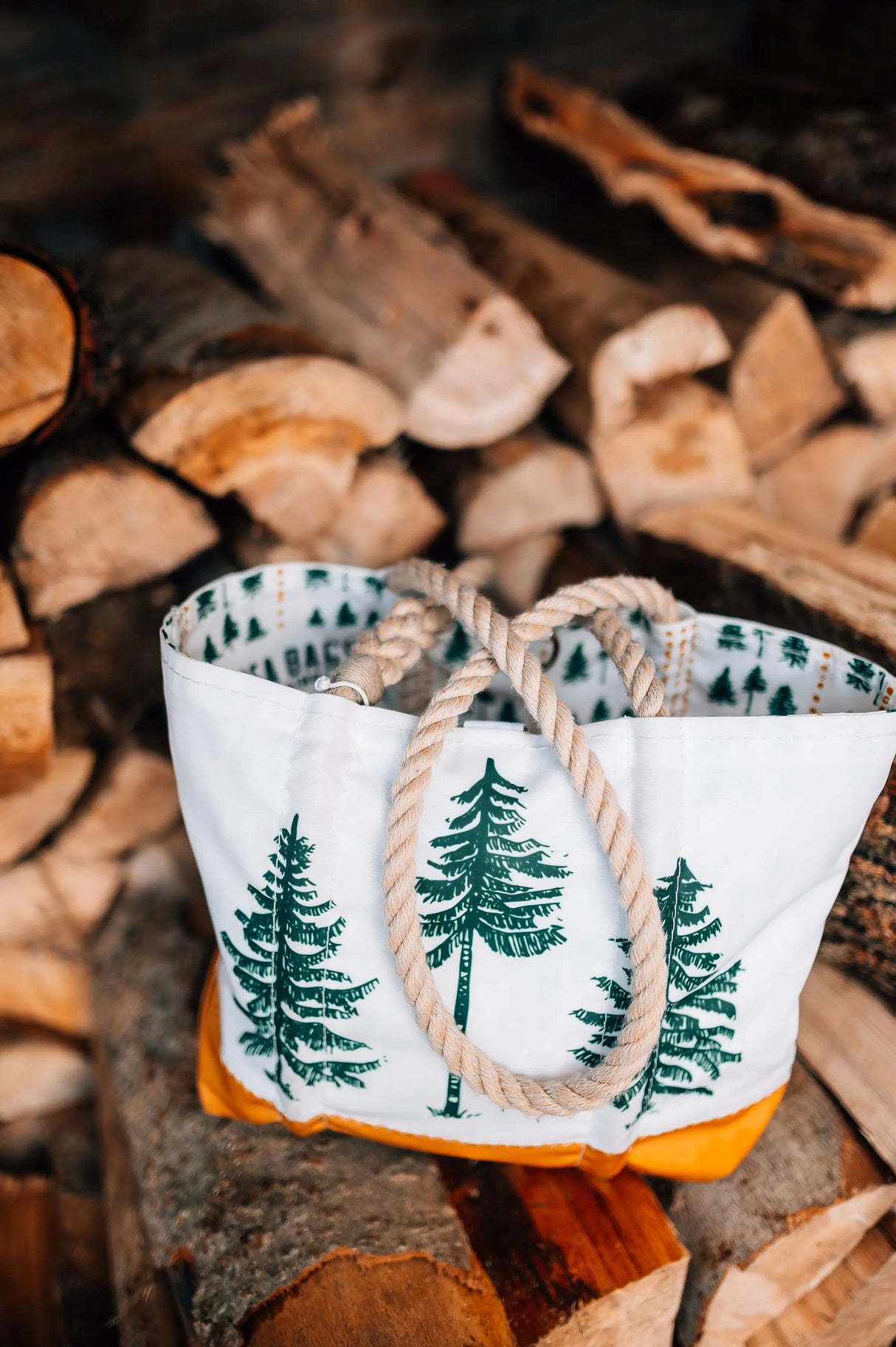 The Woods Maine:  Three Pines®  Forest Lined Handbag with Clasp by Sea Bags® - The Woods Maine