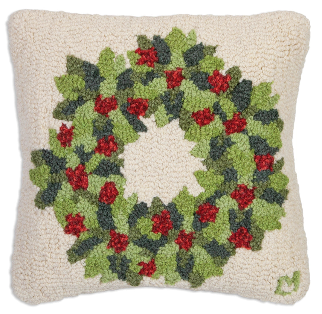 Holiday Wreath with Berries 18 x 18 Hand-Hooked Wool Pillow - Chandler 4 Corners