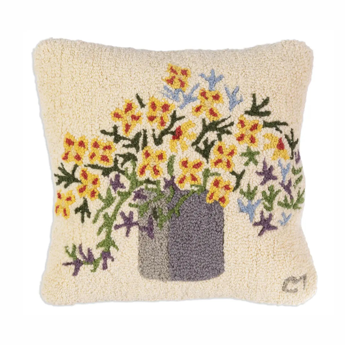 Stone Crock of Flowers 18 x 18 Hand-Hooked Wool Pillow - Chandler 4 Corners