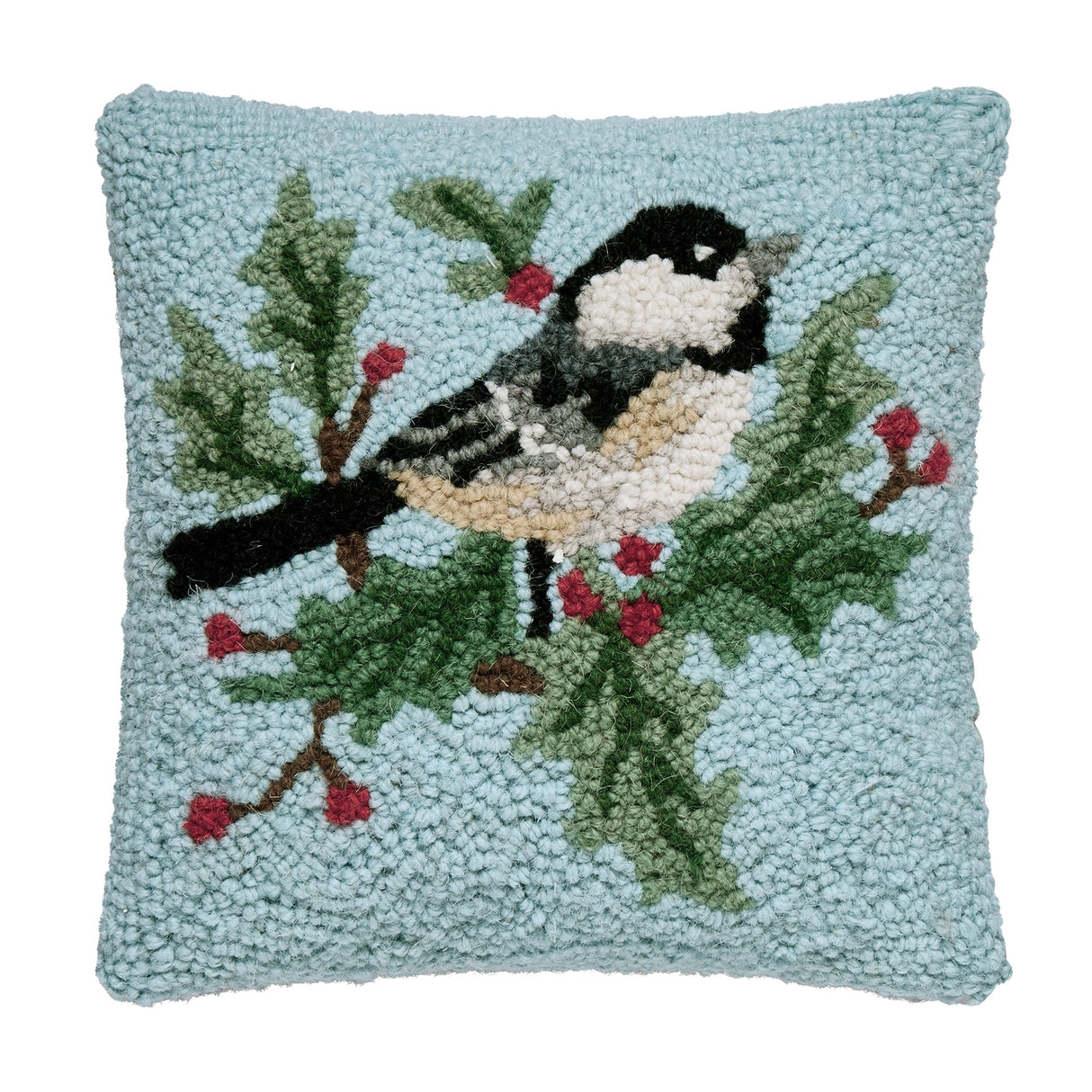 Chickadee and Holly Hook Pillow - Peking Handicraft