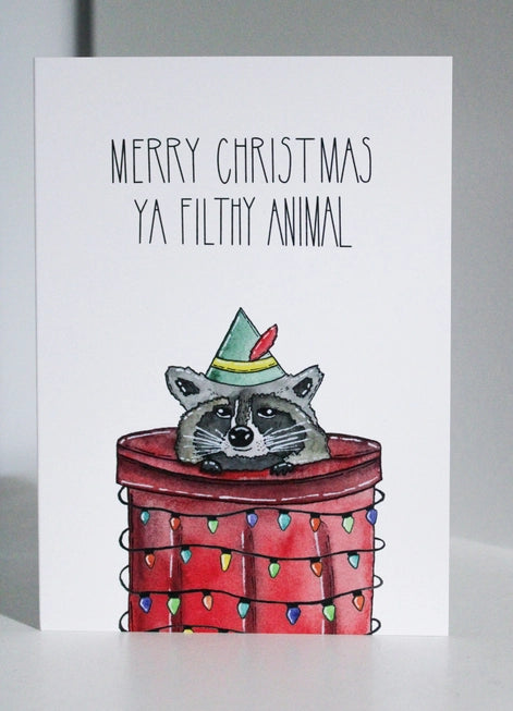 Merry Christmas Ya Filthy Animal Raccoon Watercolor Card - S&D