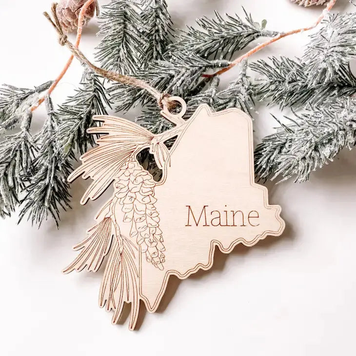 Maine State Flower and State Map Ornament - Moccaberry - The Woods Maine