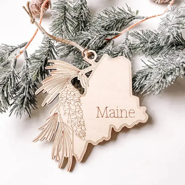 Maine State Flower and State Map Ornament - Moccaberry - The Woods Maine