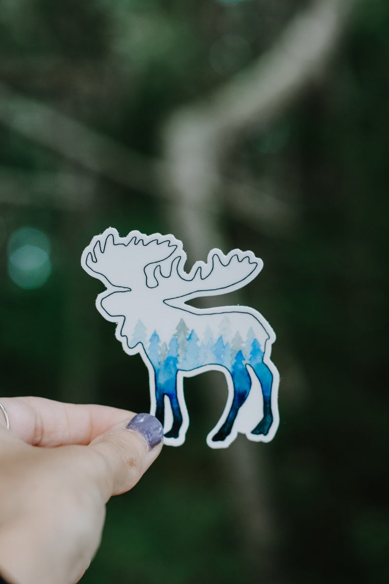 Moose and Blue Pines Forest Sticker - S & D |Best Selling  Maine Moose Gift